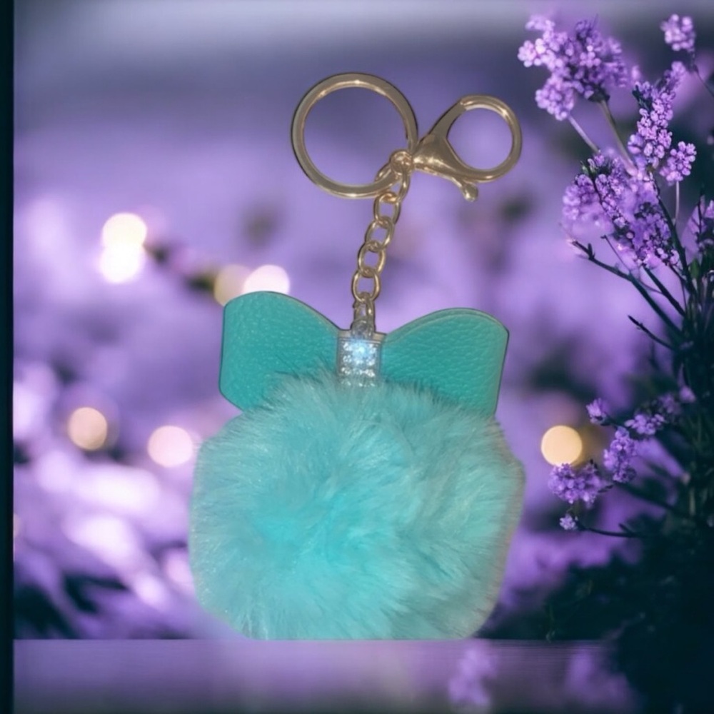 Boutique Tiffany Blue Pom Pom Bling Bow Bag Charm Keychain New